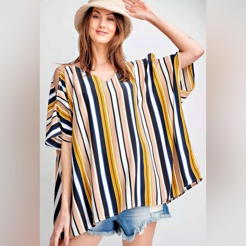 Brand New EASEL Cold Shoulder Multi Color Stripe Poncho Top Size SMALL